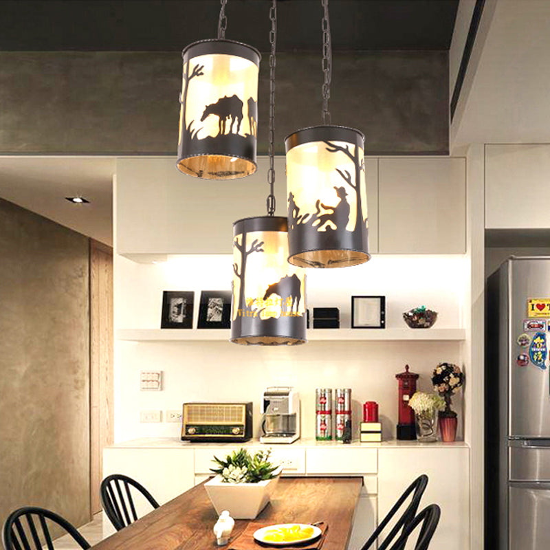 1/3 Lights Cylinder Pendant Fixture Country Metal Ceiling Light in Black/Antique Brass with Round/Linear Canopy 3 Black Round Clearhalo 'Ceiling Lights' 'Pendant Lights' 'Pendants' Lighting' 203323_143f9157-cf8a-4ea2-a4d1-3c9b9b6ec508