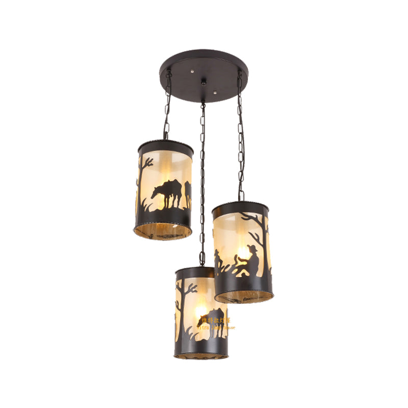 1/3 Lights Cylinder Pendant Fixture Country Metal Ceiling Light in Black/Antique Brass with Round/Linear Canopy Clearhalo 'Ceiling Lights' 'Pendant Lights' 'Pendants' Lighting' 203324