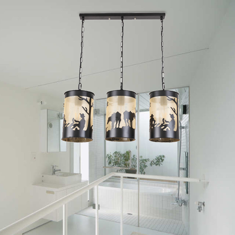 1/3 Lights Cylinder Pendant Fixture Country Metal Ceiling Light in Black/Antique Brass with Round/Linear Canopy Clearhalo 'Ceiling Lights' 'Pendant Lights' 'Pendants' Lighting' 203325