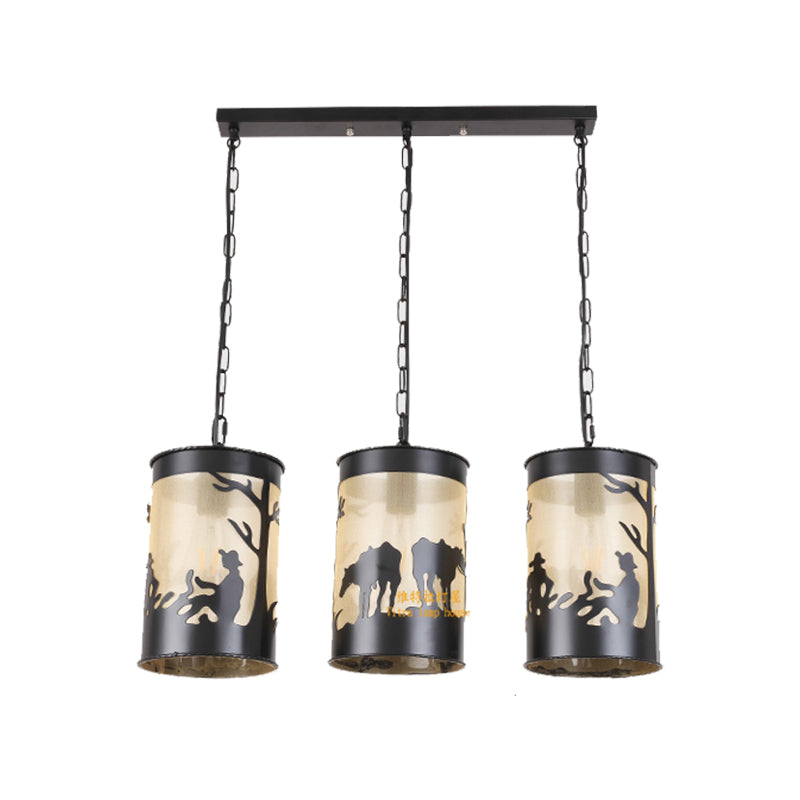 1/3 Lights Cylinder Pendant Fixture Country Metal Ceiling Light in Black/Antique Brass with Round/Linear Canopy Clearhalo 'Ceiling Lights' 'Pendant Lights' 'Pendants' Lighting' 203326