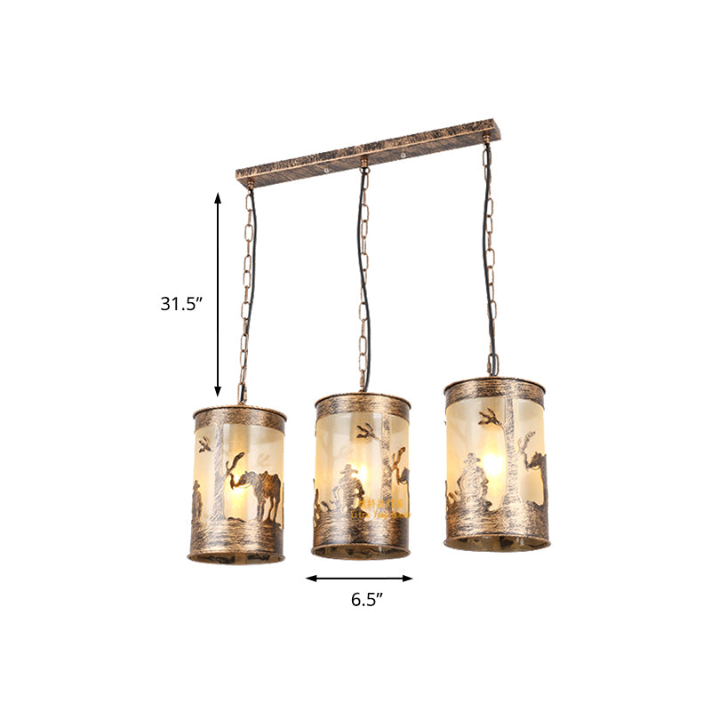 1/3 Lights Cylinder Pendant Fixture Country Metal Ceiling Light in Black/Antique Brass with Round/Linear Canopy Clearhalo 'Ceiling Lights' 'Pendant Lights' 'Pendants' Lighting' 203338