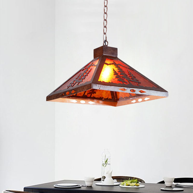 Rust Pyramid Pendant Lighting Fixture Country Style 1 Light Metal Hanging Ceiling Fixture for Dining Room Clearhalo 'Ceiling Lights' 'Pendant Lights' 'Pendants' Lighting' 203339