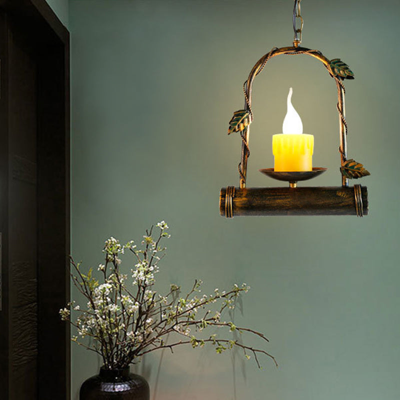 Rustic Candle Hanging Ceiling Light 1 Light Metal Pendant Lighting in Antique Brass with Arced Frame Clearhalo 'Ceiling Lights' 'Pendant Lights' 'Pendants' Lighting' 203344