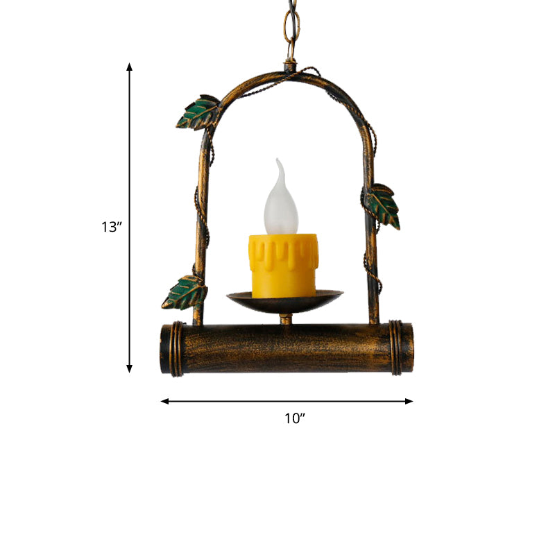 Rustic Candle Hanging Ceiling Light 1 Light Metal Pendant Lighting in Antique Brass with Arced Frame Clearhalo 'Ceiling Lights' 'Pendant Lights' 'Pendants' Lighting' 203346