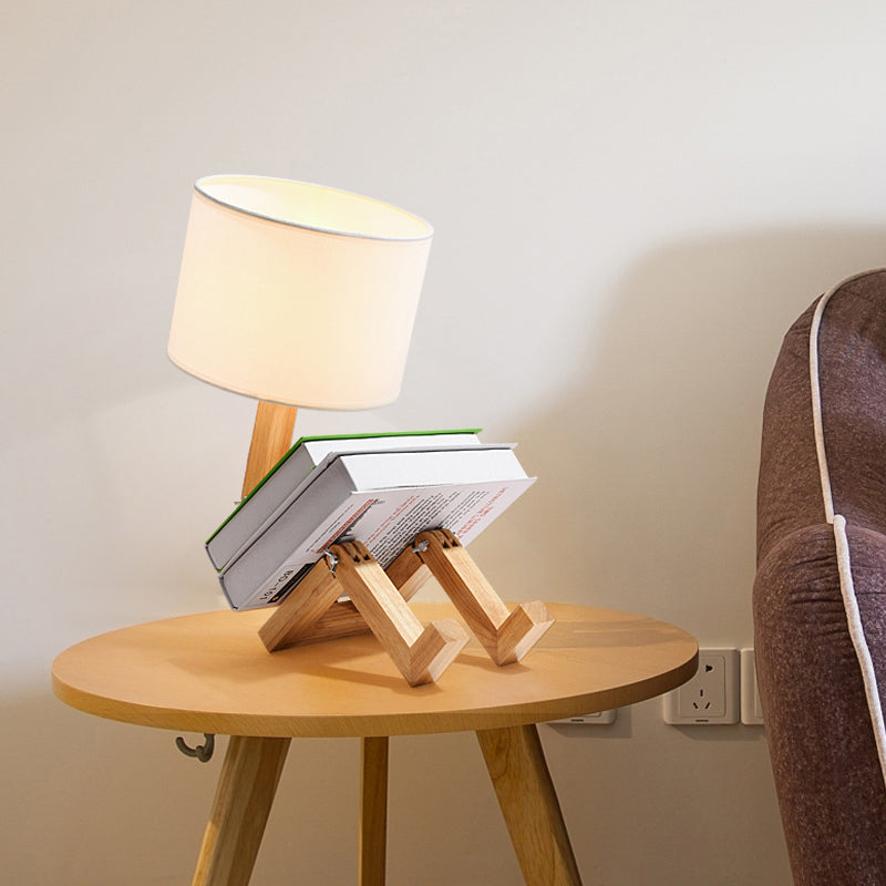 1 Head Sitting Robot Desk Light with Cylinder Shade Modern Wood Desk Lamp in White for Bedside Table White Clearhalo 'Lamps' 'Table Lamps' Lighting' 203371