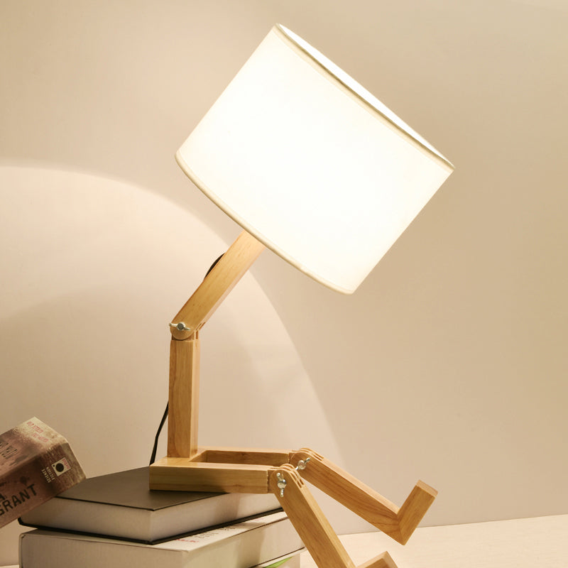 1 Head Sitting Robot Desk Light with Cylinder Shade Modern Wood Desk Lamp in White for Bedside Table Clearhalo 'Lamps' 'Table Lamps' Lighting' 203372