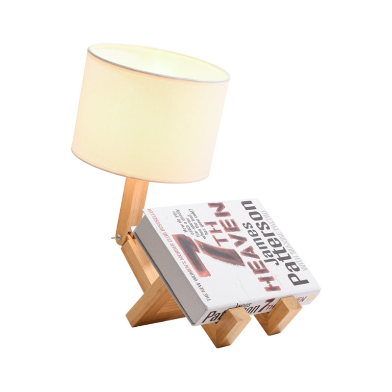 1 Head Sitting Robot Desk Light with Cylinder Shade Modern Wood Desk Lamp in White for Bedside Table Clearhalo 'Lamps' 'Table Lamps' Lighting' 203373