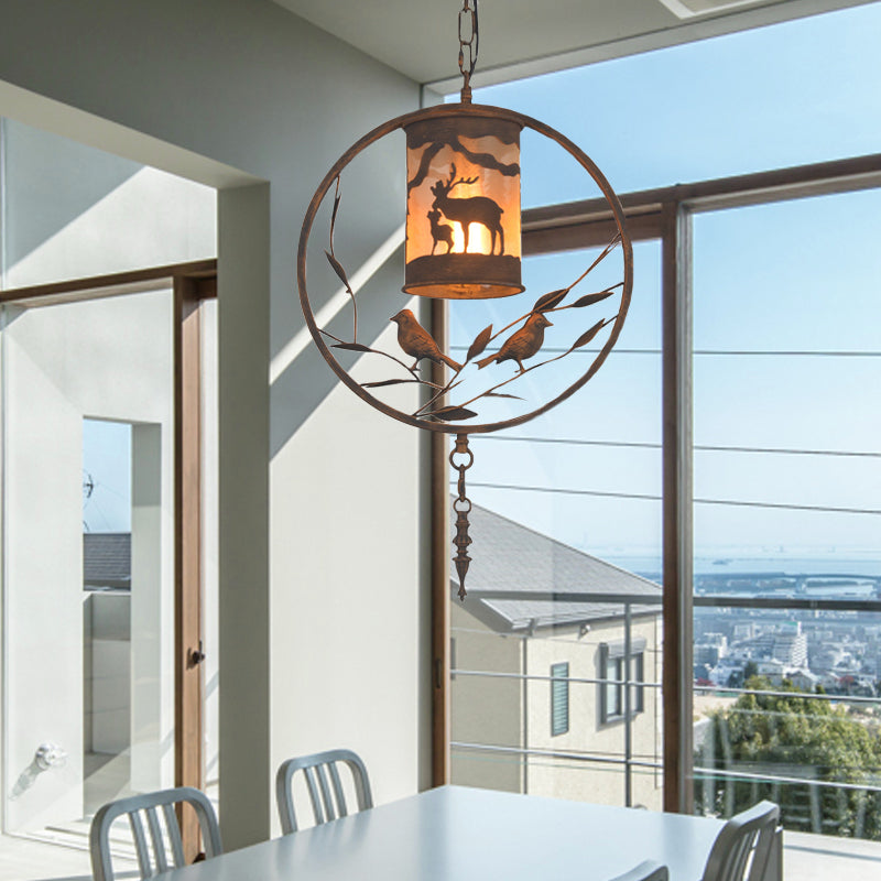 Bronze 1/2/3 Lights Pendant Lighting Rustic Fabric Cylinder Hanging Lamp for Restaurant with Metal Ring and Bird Clearhalo 'Ceiling Lights' 'Pendant Lights' 'Pendants' Lighting' 203396