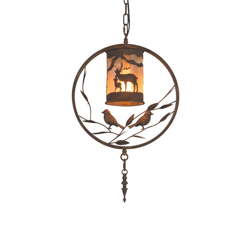 Bronze 1/2/3 Lights Pendant Lighting Rustic Fabric Cylinder Hanging Lamp for Restaurant with Metal Ring and Bird Clearhalo 'Ceiling Lights' 'Pendant Lights' 'Pendants' Lighting' 203398