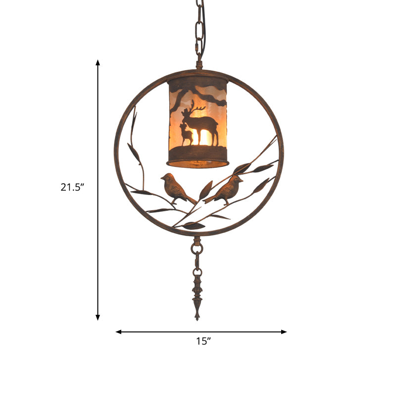 Bronze 1/2/3 Lights Pendant Lighting Rustic Fabric Cylinder Hanging Lamp for Restaurant with Metal Ring and Bird Clearhalo 'Ceiling Lights' 'Pendant Lights' 'Pendants' Lighting' 203399