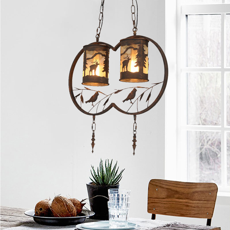 Bronze 1/2/3 Lights Pendant Lighting Rustic Fabric Cylinder Hanging Lamp for Restaurant with Metal Ring and Bird Clearhalo 'Ceiling Lights' 'Pendant Lights' 'Pendants' Lighting' 203404