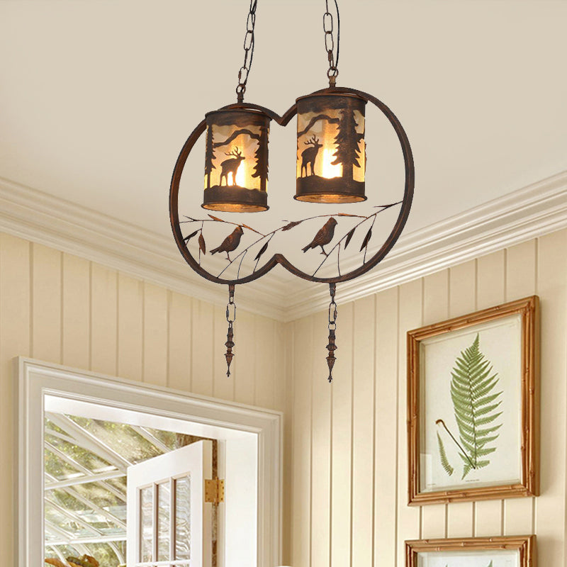 Bronze 1/2/3 Lights Pendant Lighting Rustic Fabric Cylinder Hanging Lamp for Restaurant with Metal Ring and Bird Clearhalo 'Ceiling Lights' 'Pendant Lights' 'Pendants' Lighting' 203405