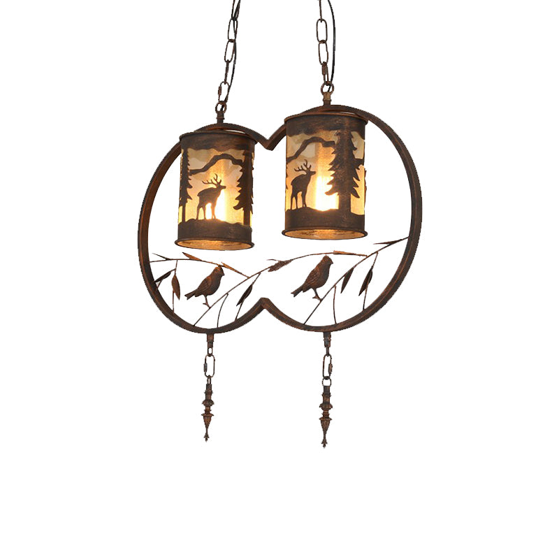 Bronze 1/2/3 Lights Pendant Lighting Rustic Fabric Cylinder Hanging Lamp for Restaurant with Metal Ring and Bird 2 Rust Clearhalo 'Ceiling Lights' 'Pendant Lights' 'Pendants' Lighting' 203406_a7a33162-c830-4751-afce-6b461b33e7da