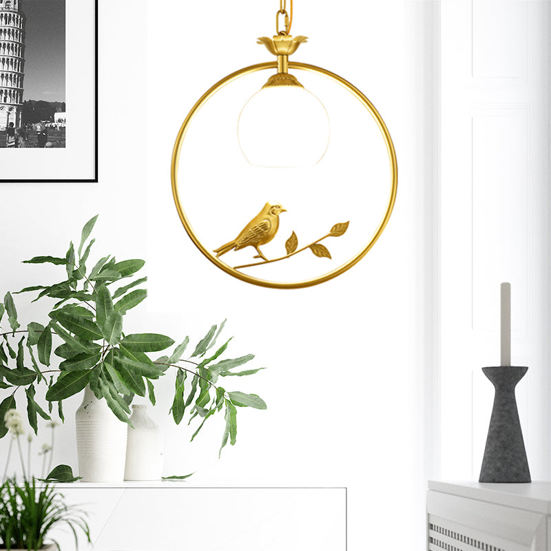 1 Light Ring Pendant Light Fixture Minimalist Gold/Black Metal Hanging Light with Bird Decoration Clearhalo 'Ceiling Lights' 'Pendant Lights' 'Pendants' Lighting' 203478