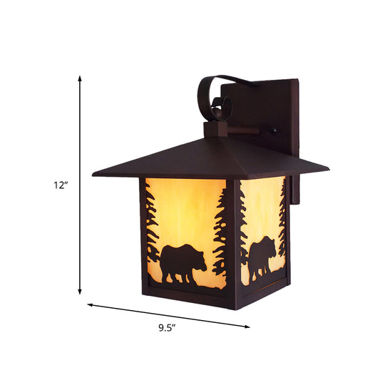 Metal Lantern Sconce Lighting Rustic 1 Light Porch Wall Mounted Lamp in Copper with Amber Glass Shade Clearhalo 'Wall Lamps & Sconces' 'Wall Lights' Lighting' 203639