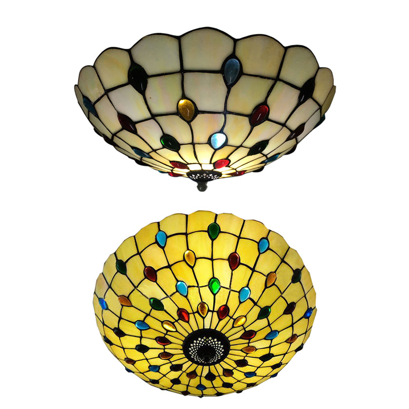 Bedroom Ceiling Lights Tiffany 3-Light Beige Flush Mount Light with Colorful Jewel and Floral Shade 19.5"/16" Width Clearhalo 'Ceiling Lights' 'Close To Ceiling Lights' 'Close to ceiling' 'Flush mount' Lighting' 20371