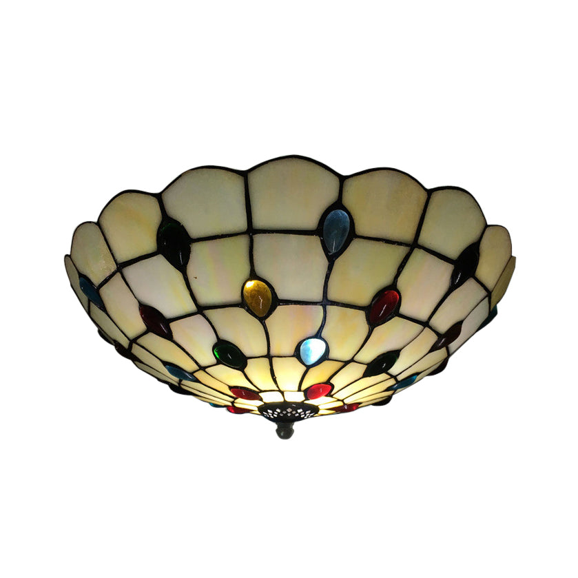 Bedroom Ceiling Lights Tiffany 3-Light Beige Flush Mount Light with Colorful Jewel and Floral Shade 19.5"/16" Width Beige 16" Clearhalo 'Ceiling Lights' 'Close To Ceiling Lights' 'Close to ceiling' 'Flush mount' Lighting' 20372