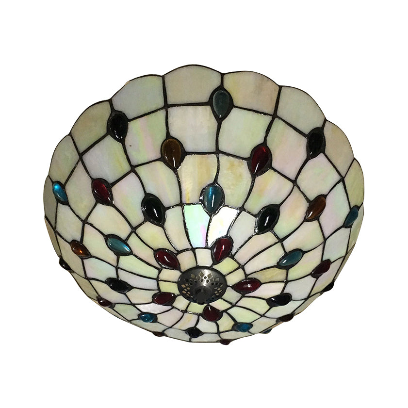 Bedroom Ceiling Lights Tiffany 3-Light Beige Flush Mount Light with Colorful Jewel and Floral Shade 19.5"/16" Width Clearhalo 'Ceiling Lights' 'Close To Ceiling Lights' 'Close to ceiling' 'Flush mount' Lighting' 20373