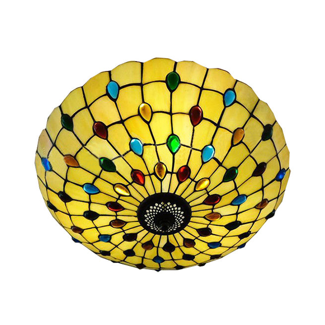 Bedroom Ceiling Lights Tiffany 3-Light Beige Flush Mount Light with Colorful Jewel and Floral Shade 19.5"/16" Width Beige 19.5" Clearhalo 'Ceiling Lights' 'Close To Ceiling Lights' 'Close to ceiling' 'Flush mount' Lighting' 20374