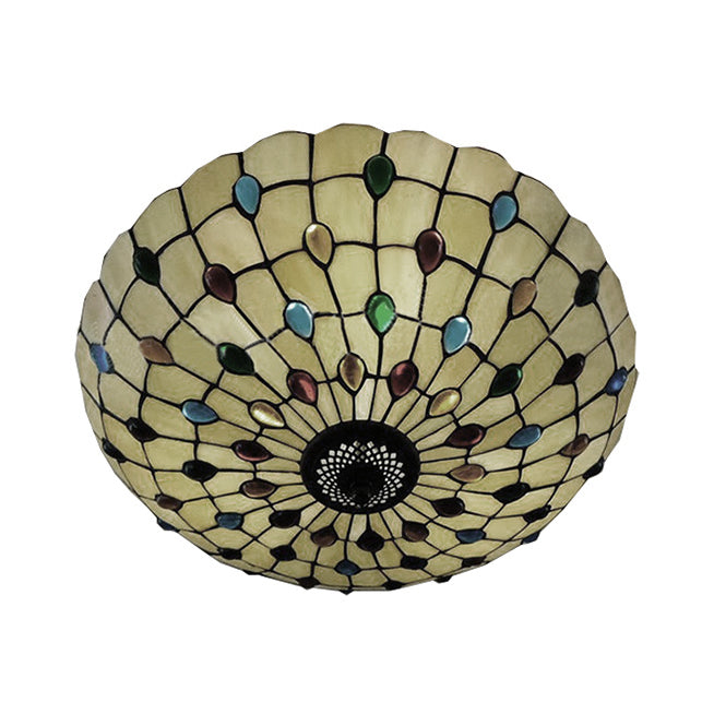 Bedroom Ceiling Lights Tiffany 3-Light Beige Flush Mount Light with Colorful Jewel and Floral Shade 19.5"/16" Width Clearhalo 'Ceiling Lights' 'Close To Ceiling Lights' 'Close to ceiling' 'Flush mount' Lighting' 20375