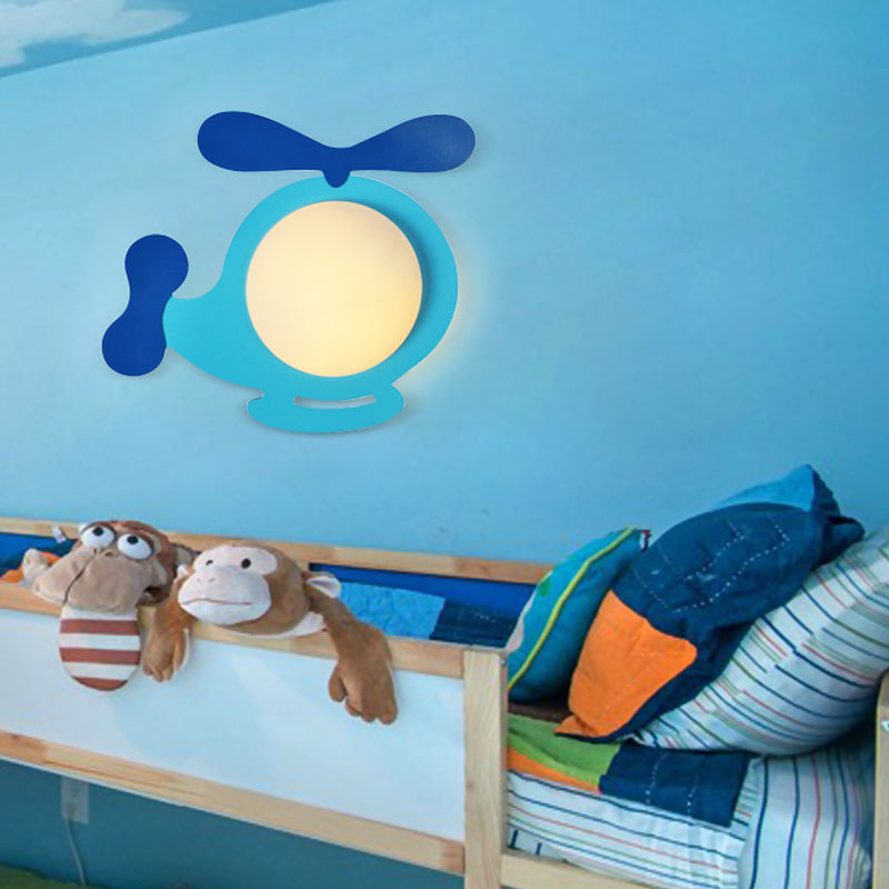 Baby Kid Bedroom Helicopter Wall Sconce Wood Cartoon Style LED Sconce Light Blue Clearhalo 'Wall Lamps & Sconces' 'Wall Lights' Lighting' 203757