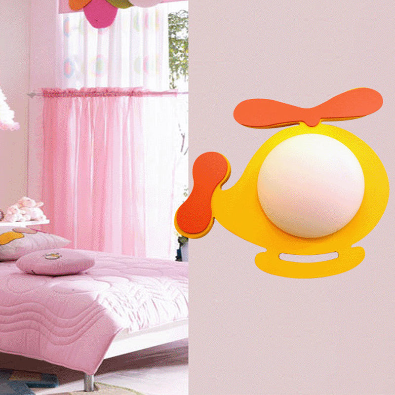 Baby Kid Bedroom Helicopter Wall Sconce Wood Cartoon Style LED Sconce Light Yellow Clearhalo 'Wall Lamps & Sconces' 'Wall Lights' Lighting' 203764