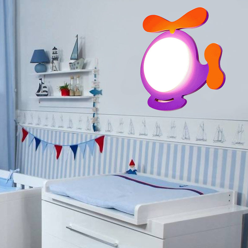 Baby Kid Bedroom Helicopter Wall Sconce Wood Cartoon Style LED Sconce Light Purple Clearhalo 'Wall Lamps & Sconces' 'Wall Lights' Lighting' 203766