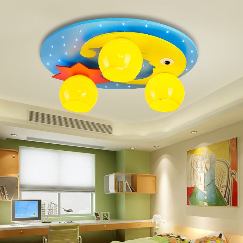 Wood Night View LED Flush Mount Light Child Bedroom Cartoon Ceiling Lamp in Blue Blue Clearhalo 'Ceiling Lights' 'Close To Ceiling Lights' 'Close to ceiling' 'Flush mount' Lighting' 203836