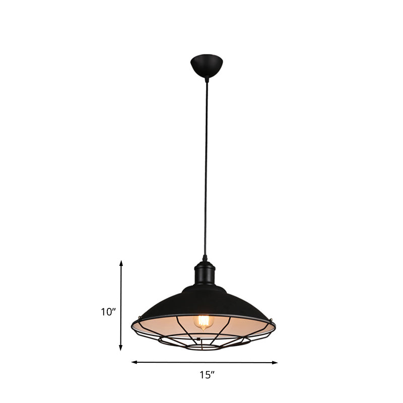 1 Light Wire Cage Hanging Light with Saucer Shade Industrial Black/White Iron Pendant Light Fixture for Kitchen Clearhalo 'Art Deco Pendants' 'Black' 'Cast Iron' 'Ceiling Lights' 'Ceramic' 'Crystal' 'Industrial Pendants' 'Industrial' 'Metal' 'Middle Century Pendants' 'Pendant Lights' 'Pendants' 'Rustic Pendants' 'Tiffany' Lighting' 203842