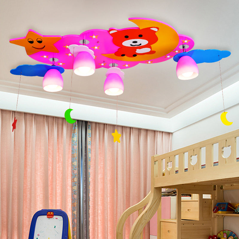 Remote Control Wood Cloud Ceiling Light 4 Lights Cartoon Flush Mount Light for Living Room Pink Remote Control Clearhalo 'Ceiling Lights' 'Close To Ceiling Lights' 'Close to ceiling' 'Flush mount' Lighting' 203845