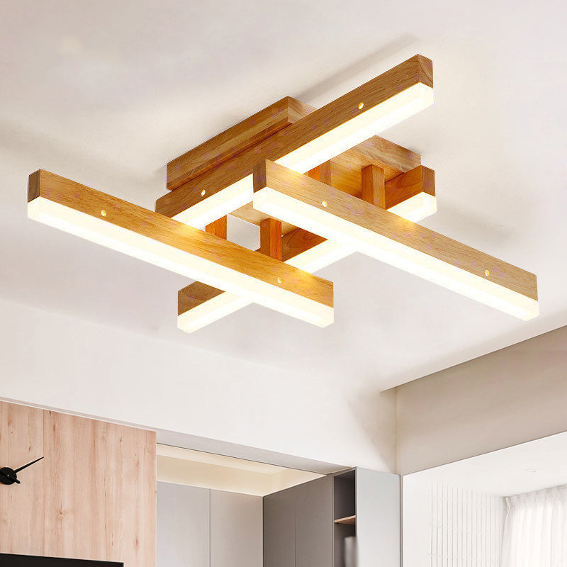 Rectangular Living Room Semi Flush Light Wooden Contemporary LED Flush Ceiling Light Fixture, Beige Clearhalo 'Ceiling Lights' 'Close To Ceiling Lights' 'Close to ceiling' 'Flush mount' Lighting' 2038517