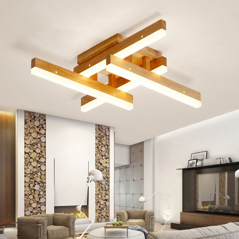 Rectangular Living Room Semi Flush Light Wooden Contemporary LED Flush Ceiling Light Fixture, Beige Clearhalo 'Ceiling Lights' 'Close To Ceiling Lights' 'Close to ceiling' 'Flush mount' Lighting' 2038518