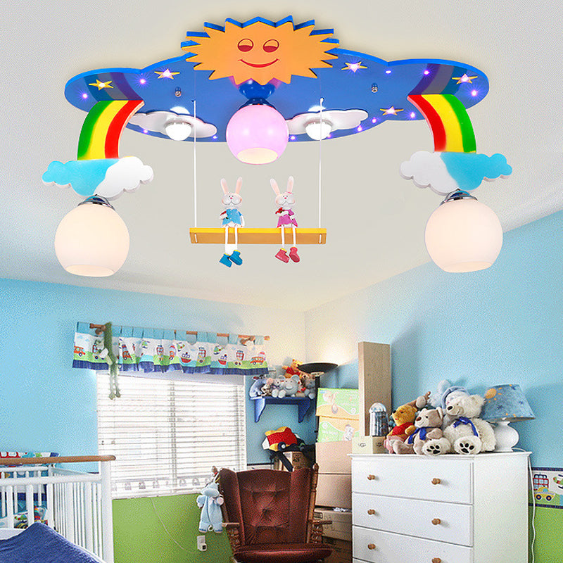 Kindergarten Sun Semi Flush Mount Light Wood Cloud Shaped Ceiling Lamp with Rabbit Blue Clearhalo 'Ceiling Lights' 'Close To Ceiling Lights' 'Close to ceiling' 'Flush mount' Lighting' 203855