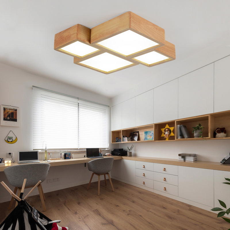 Splicing Squares LED Flush Mount Nordic Wooden Living Room Flushmount Ceiling Light in Beige Wood Small Clearhalo 'Ceiling Lights' 'Close To Ceiling Lights' 'Close to ceiling' 'Flush mount' Lighting' 2038555