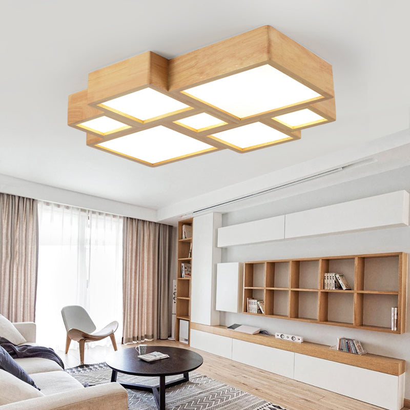 Splicing Squares LED Flush Mount Nordic Wooden Living Room Flushmount Ceiling Light in Beige Wood Large Clearhalo 'Ceiling Lights' 'Close To Ceiling Lights' 'Close to ceiling' 'Flush mount' Lighting' 2038559
