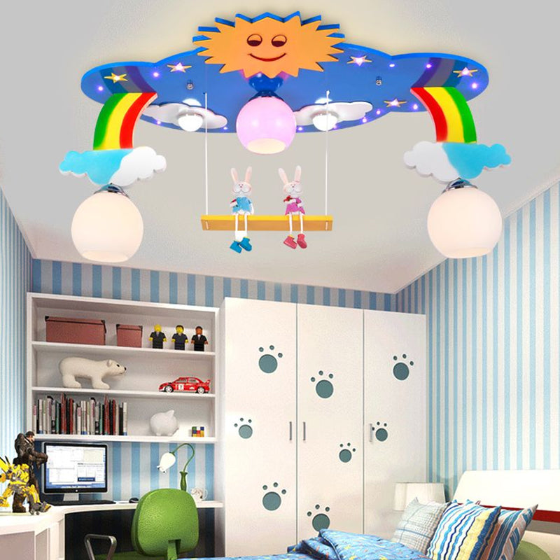 Kindergarten Sun Semi Flush Mount Light Wood Cloud Shaped Ceiling Lamp with Rabbit Clearhalo 'Ceiling Lights' 'Close To Ceiling Lights' 'Close to ceiling' 'Flush mount' Lighting' 203856