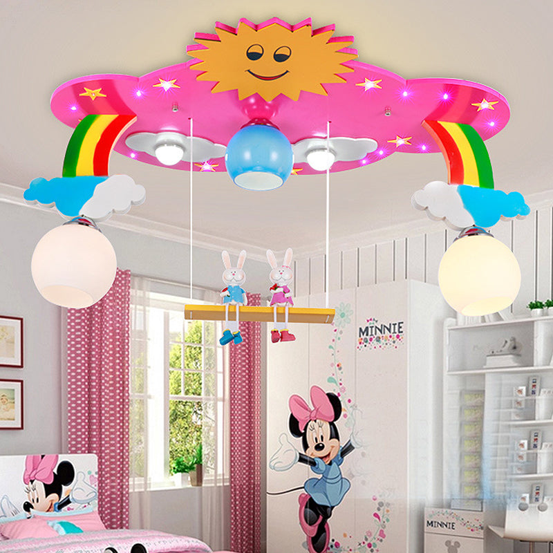 Kindergarten Sun Semi Flush Mount Light Wood Cloud Shaped Ceiling Lamp with Rabbit Pink Clearhalo 'Ceiling Lights' 'Close To Ceiling Lights' 'Close to ceiling' 'Flush mount' Lighting' 203859