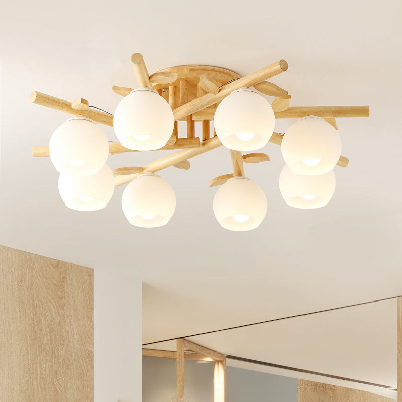 Cream Glass Sphere Flush Mount Light Nordic Wood Semi Flush Light with Branch-Like Decor 8 Wood Warm Clearhalo 'Ceiling Lights' 'Close To Ceiling Lights' 'Close to ceiling' 'Flush mount' Lighting' 2038633