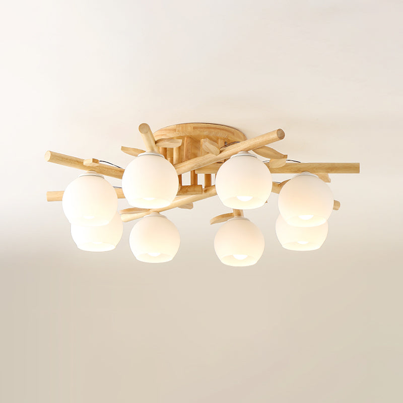 Cream Glass Sphere Flush Mount Light Nordic Wood Semi Flush Light with Branch-Like Decor Clearhalo 'Ceiling Lights' 'Close To Ceiling Lights' 'Close to ceiling' 'Flush mount' Lighting' 2038636