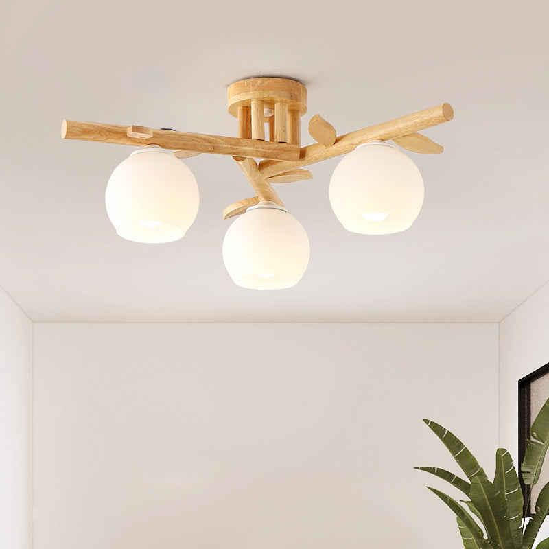 Cream Glass Sphere Flush Mount Light Nordic Wood Semi Flush Light with Branch-Like Decor 3 Wood Warm Clearhalo 'Ceiling Lights' 'Close To Ceiling Lights' 'Close to ceiling' 'Flush mount' Lighting' 2038637