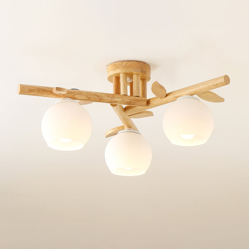 Cream Glass Sphere Flush Mount Light Nordic Wood Semi Flush Light with Branch-Like Decor Clearhalo 'Ceiling Lights' 'Close To Ceiling Lights' 'Close to ceiling' 'Flush mount' Lighting' 2038638