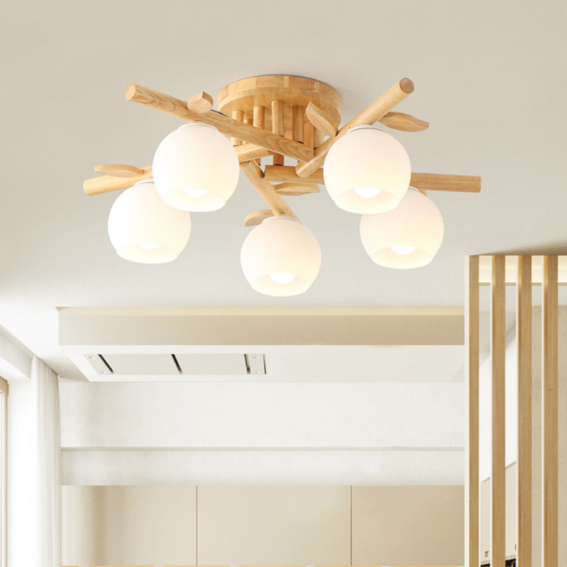 Cream Glass Sphere Flush Mount Light Nordic Wood Semi Flush Light with Branch-Like Decor 5 Wood Warm Clearhalo 'Ceiling Lights' 'Close To Ceiling Lights' 'Close to ceiling' 'Flush mount' Lighting' 2038639
