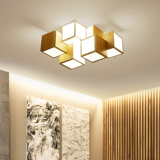 Cube Flush Ceiling Light Modern Wooden Beige Flush Mount Lighting Fixture for Bedroom 6 Wood Clearhalo 'Ceiling Lights' 'Close To Ceiling Lights' 'Close to ceiling' 'Flush mount' Lighting' 2038648