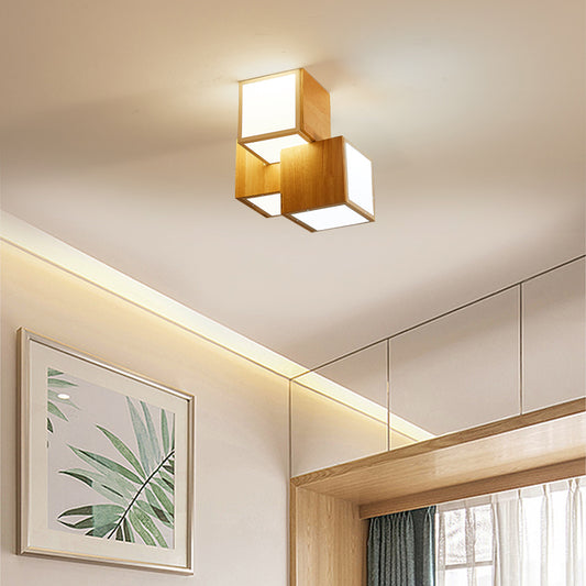 Cube Flush Ceiling Light Modern Wooden Beige Flush Mount Lighting Fixture for Bedroom 3 Wood Clearhalo 'Ceiling Lights' 'Close To Ceiling Lights' 'Close to ceiling' 'Flush mount' Lighting' 2038652