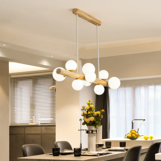 Linear Dining Room Island Light Wooden LED Simple Hanging Ceiling Light with Cream Glass Shade 9 Wood Clearhalo 'Ceiling Lights' 'Island Lights' Lighting' 2038722