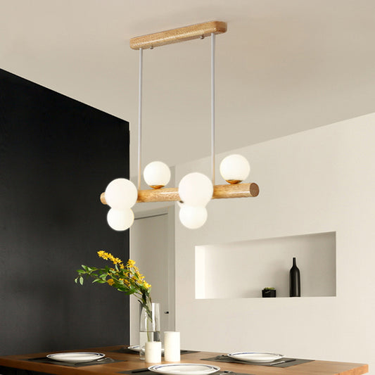 Linear Dining Room Island Light Wooden LED Simple Hanging Ceiling Light with Cream Glass Shade 7 Wood Clearhalo 'Ceiling Lights' 'Island Lights' Lighting' 2038726