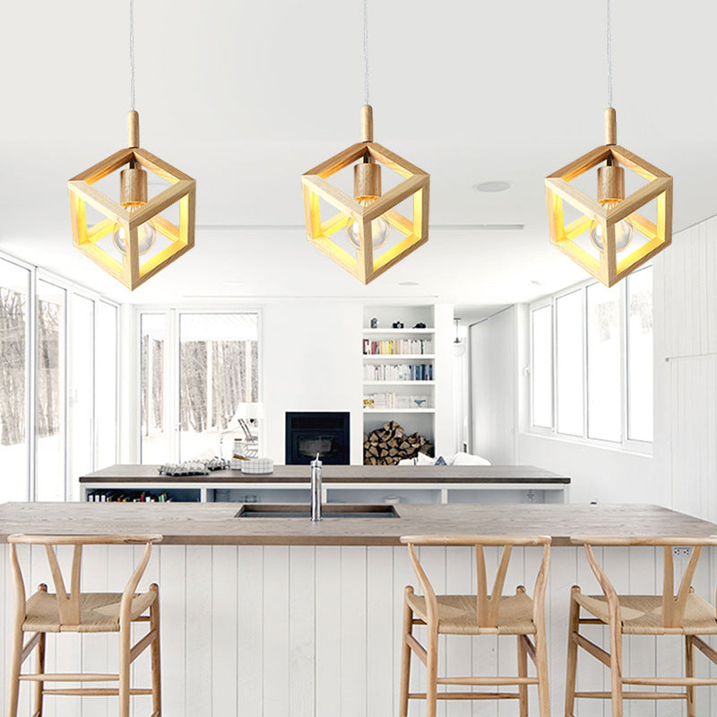 Square Shaped Multi Light Pendant Simple Wooden 3 Bulbs Kitchen Hanging Light Fixture Clearhalo 'Ceiling Lights' 'Modern Pendants' 'Modern' 'Pendant Lights' 'Pendants' Lighting' 2038745
