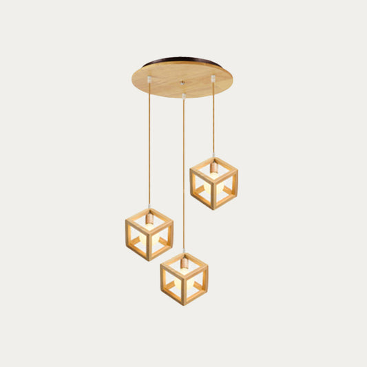 Square Shaped Multi Light Pendant Simple Wooden 3 Bulbs Kitchen Hanging Light Fixture Wood Round Clearhalo 'Ceiling Lights' 'Modern Pendants' 'Modern' 'Pendant Lights' 'Pendants' Lighting' 2038747