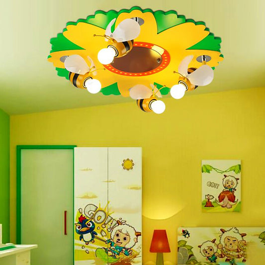 Cartoon Sunflower Ceiling Mount Light with Bee Metal 4 Lights Yellow Ceiling Lamp for Bedroom Yellow Clearhalo 'Ceiling Lights' 'Close To Ceiling Lights' 'Close to ceiling' 'Flush mount' Lighting' 203877