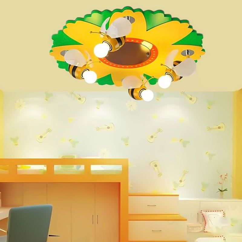 Cartoon Sunflower Ceiling Mount Light with Bee Metal 4 Lights Yellow Ceiling Lamp for Bedroom Clearhalo 'Ceiling Lights' 'Close To Ceiling Lights' 'Close to ceiling' 'Flush mount' Lighting' 203878